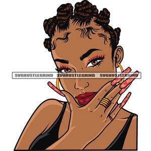 Black Woman Bantu Knots Long Fingernails Light Brown Eyes Hand Face Long Lashes Graphic SVG Vector Cutting Files PNG JPG Cricut Silhouette