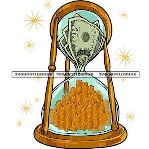 May include: A gold hourglass with a dollar bill inside the top and a pile of gold coins in the bottom. The hourglass is surrounded by a white background with yellow stars.