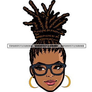 Schwarze Frau Dreads Lok Graue Brille Kopf Nur Braune Augen Gold Creolen Illustration Grafik SVG Vektor Plotterdatei PNG JPG Silhouette