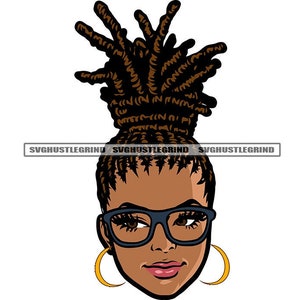 Black Woman Dreads Loc Gray Eyeglasses Head Neck Only Brown Eyes Gold Hoops Illustration Graphic SVG Vector Cutting Files PNG JPG Silhouette