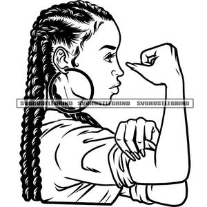 Strong Black Woman Rolled Sleeves Shirt Muscle Braids Fist Strength Outline Graphic B/W SVG Vector Cutting Files PNG JPG Cricut Silhouette
