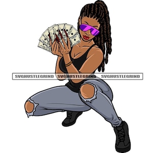 May include: A woman with long black braids and purple sunglasses is holding a fan of cash. She is wearing a black tank top and ripped blue jeans.