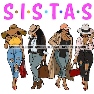 Sistas Four Black Women Shopping Traveling Ripped Torn Jeans Hats Handbags Purses Heels SVG Vector Cutting Files PNG JPG Cricut Silhouette