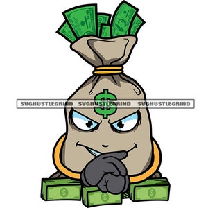 Gray Bank Bag Head Character Dollar Sign Sitting Cash Dollar Bills Money Currency Gloves Graphic SVG Vector Cutting Files PNG JPG Silhouette