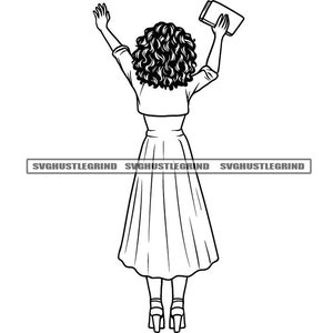 Black Woman Dress Jacket Holding Holy Bible Praising God Afro Faith Outline Graphic B/W SVG Vector Cutting Files PNG JPG Cricut Silhouette