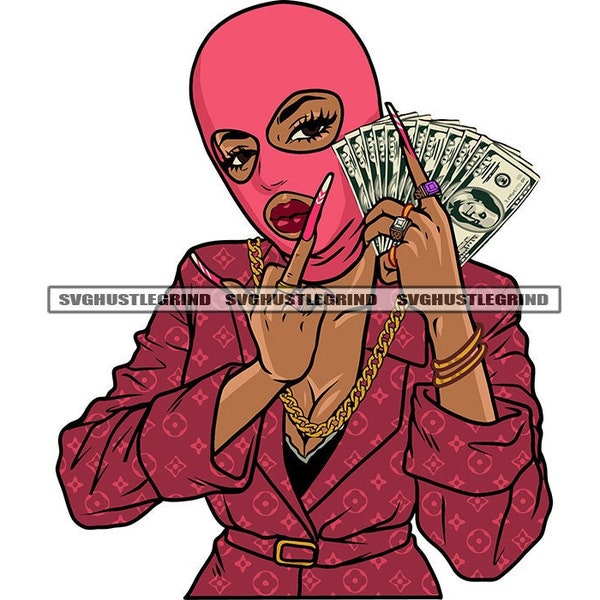 Black Woman Pink Ski Mask Balaclava Holding Cash Money Benjamins Long Nails Red Pink Jacket SVG Vector Cutting Files PNG JPG Silhouette