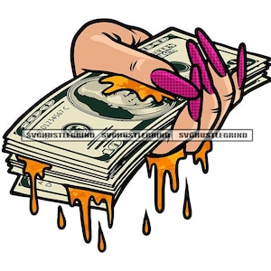 White Female Hands Long Fingernails Holding Stack Hundred Dollar Bills Dripping Gold Graphic SVG Vector Cutting Files PNG JPG Silhouette
