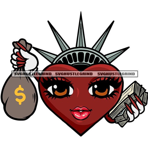 Red Heart Character Big Brown Eyes Silver Crown Statue Bank Bag Cash Money Dollars Grind Graphic SVG Vector Cutting Files PNG JPG Silhouette