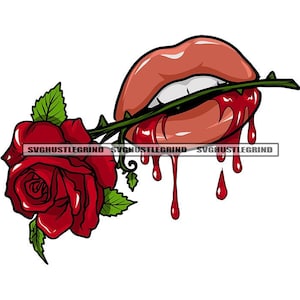 Juicy Pink Lips Holding Red Rose Teeth Dripping Red Blood Plant Flower Graphic Grind SVG Vector Cutting Files PNG JPG Cricut Silhouette