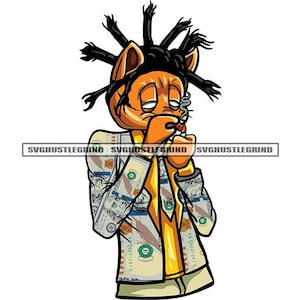 Gangster Katze Dread Locs Beleuchtung Zigarren Rauch Kräuter Tragen Jacke Cartoon Charakter Grind SVG Vektor Cutting Dateien PNG JPG Cricut Silhouette