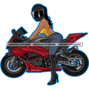 Black Woman Riding Motorcycle Motor Bike Speed Helmet Boots Halter Jeans Biker Road Ride  SVG Vector Cutting Files PNG JPG Cricut Silhouette