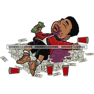 Cartoon Character Black Male Laid Out Money Cash Dollar Bills Drink Cups Spilled Wine SVG Vector Cutting Files PNG JPG Cricut Silhouette