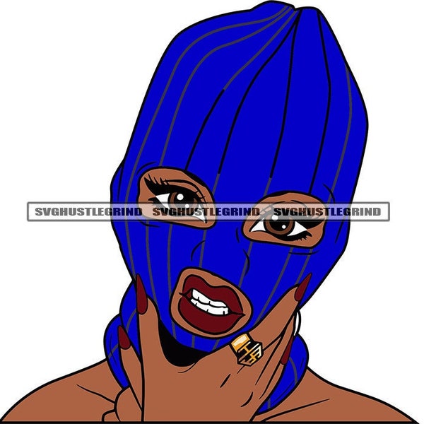 Black Woman Gangster Lola Blue Ski Mask Choking Self Hands Neck Gold Ring Cartoon Graphic SVG Vector Cutting Files PNG JPG Cricut Silhouette