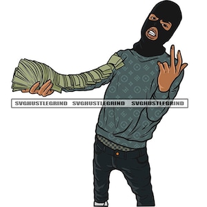 Puede incluir: Una persona con una máscara de esquí negra y un suéter estampado en azul y verde sostiene una pila de dinero en efectivo en su mano derecha. La persona lleva pantalones negros y tiene la mano izquierda levantada en un gesto.