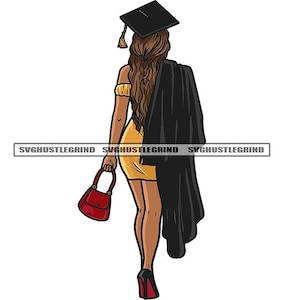 Female Graduate Graduation College High School Black Cap Gown Walking Red Bottom Heels SVG Vector Cutting Files PNG JPG Cricut Silhouette