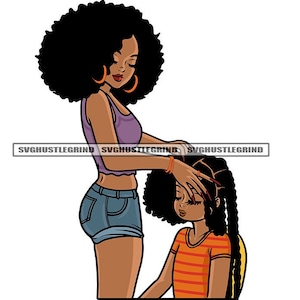 Mother Daughter Combing Braiding Hair Thick Braids Afro Natural Child Girl Woman Graphic SVG Vector Cutting Files PNG JPG Cricut Silhouette
