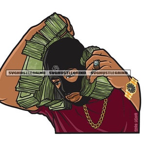 Gangster Black Man Carrying Money Stacks Money Wearing Ski Mask Burglar Gangsta Street Boy SVG Vector Cut Files PNG JPG Cricut Silhouette