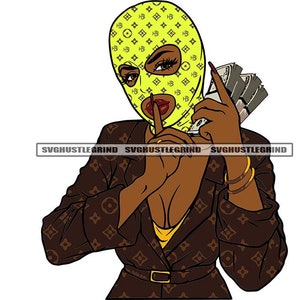 Gangster Black Woman Yellow Ski Mask Holding Money Cash Dollars Jacket Cartoon Graphic SVG Vector Cutting Files PNG JPG Cricut Silhouette