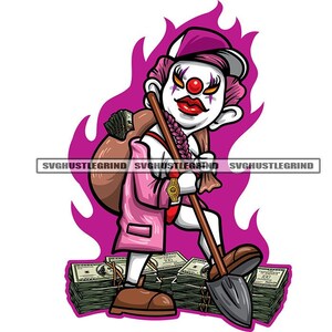 Puede incluir: Una ilustración de dibujos animados de un payaso con un sombrero rosa y llevando una bolsa de dinero. El payaso sostiene una pala y está de pie sobre una pila de dinero. El fondo es una llama rosa y morada.