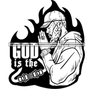 May include: Black and white illustration of a person wearing a baseball cap and a hooded sweatshirt, praying with their hands clasped together. The text "GOD is the" and a stylized electrical plug are below the person.