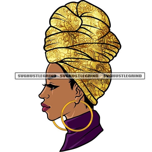 Black Woman Gold Headwrap Turban Purple Turtleneck Head Neck Side View Gold Hoops Grind Graphic SVG Vector Cutting Files PNG JPG Silhouette