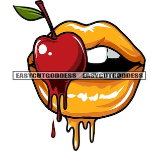 May include: A pair of orange lips with a red cherry dripping down the side. The cherry is partially in the mouth and the lips are glossy.