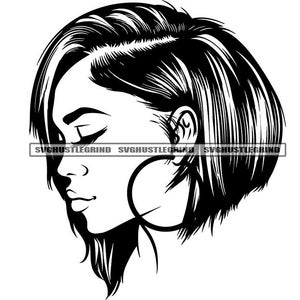 Zwarte Vrouw Vrouwelijke Headshot Hoofd Sideview Portret Hoepels Haar Achter Oor Grafisch B / W SVG Vector Cutting Files PNG JPG Cricut Silhouet