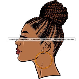 Zwarte vrouwelijke vlechten Cornrows Bun Head Neck Gold Hoops Side View Brown Eyes Hairdo Graphic Grind SVG Vector Cutting Files PNG JPG Silhouet