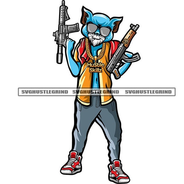 Blauer Gangster Katze Bart Feline trägt zwei Pistolen Gewehre Waffen Sonnenbrille Weste Bild SVG Vektor Cutting Files PNG JPG Cricut Silhouette