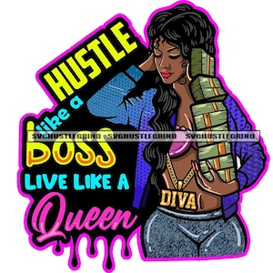 Hustle Like Boss Schwarze Frau Boss Lady Diva Halskette Mit Stapel Geld Geld Dollar SVG Vektor Cutting Dateien PNG JPG Cricut Silhouette