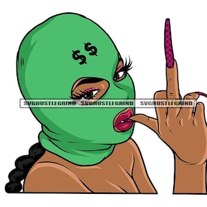 Puede incluir: Ilustración de una persona con un pasamontañas verde con símbolos de dólar en la frente. La persona se muerde el labio y muestra el dedo medio. Las uñas son largas y a cuadros. La imagen tiene el texto "SVGHUSTLEGRIND".