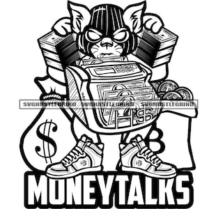 Puede incluir: Ilustración en blanco y negro de un gato de dibujos animados con un sombrero y sosteniendo una bolsa de dinero. El gato está sentado en una caja registradora con dinero que se derrama. El texto "MONEY TALKS" está debajo del gato.