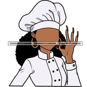 May include: A cartoon illustration of a Black woman chef wearing a white chef's hat and a white chef's uniform. She is giving a thumbs up with her right hand and has red nail polish on her nails.