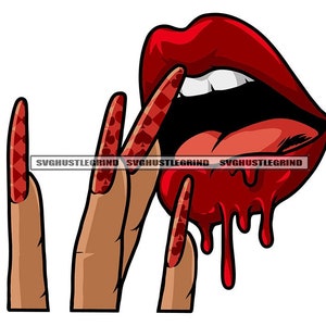 Black Womans Fingers Red Lips Tongue Out Dripping Red Long Red Black Fingernails Graphic SVG Vector Cutting Files PNG JPG Cricut Silhouette