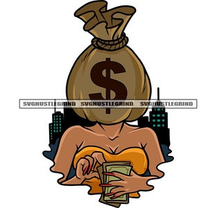 Female Bank Bag Head Dollar Sign Halter Top Sitting Counting Cash Money Dollar Bills Graphic SVG Vector Cutting Files PNG JPG Silhouette