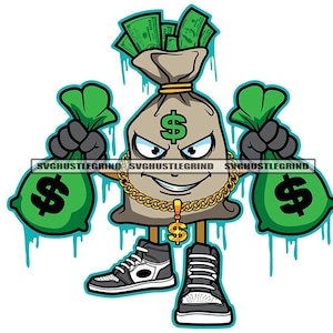 Bank Bag Character Holding Two Bank Bags Dollar Bills Gold Dollar Sign Chain Grin Grind SVG Vector Cutting Files PNG JPG Cricut Silhouette