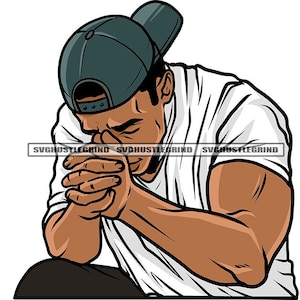 May include: A man with a black baseball cap is praying with his hands clasped together. He is wearing a white t-shirt and has a serious expression on his face.
