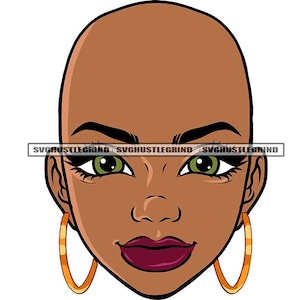 Pretty Bald Black Woman Head Face Only Gold Hoop Earrings Green Eyes Portrait Graphic Grind SVG Vector Cutting Files PNG JPG Silhouette