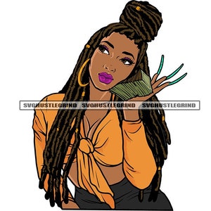 May include: A woman with long brown braids and a bright orange top holds a stack of cash in her hand. She is wearing purple lipstick and has long, teal fingernails.