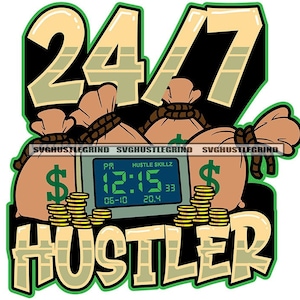 Può includere: Un design grafico verde e giallo con il testo "24/7 Hustler" e un quadrante dell'orologio che segna le "12:15 PM" con il testo "Hustle Skillz" sopra l'orologio. Il design presenta anche più sacchi di denaro con simboli del dollaro.