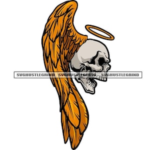 Skull Head Gold Wing Halo Abstract One Wing Human Head Skeleton Death Logo Illustration Graphic SVG Vector Cut Files PNG JPG Silhouette
