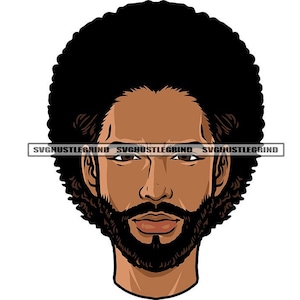 May include: A digital illustration of a person with a dark brown complexion and a full afro hairstyle. The person has a beard and mustache. The background is white.