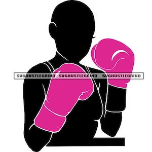 Silueta femenina Guantes de boxeo rosa negro Calvo Saco de boxeo Luchador Guerrero Sobreviviente Gráfico SVG Archivos de corte vectorial PNG JPG Silueta
