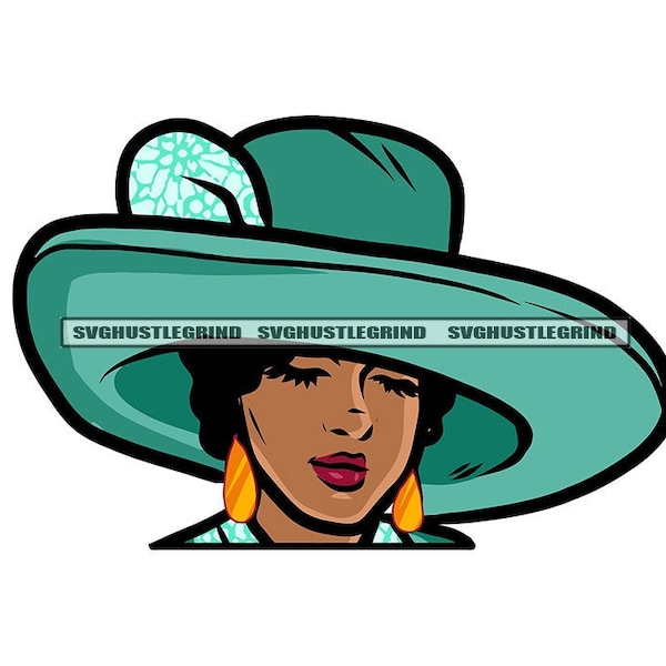 Black Woman Church Lady Big Church Hat Eyes Closed Gold Earrings Head Pose Illustration Graphic SVG Vector Cutting Files PNG JPG Silhouette