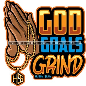 God Goals Grind Praying Hands Rosary Beads Emblem Medal Faith Peace Love Spiritual Pray SVG Vector Cutting Files PNG JPG Cricut Silhouette
