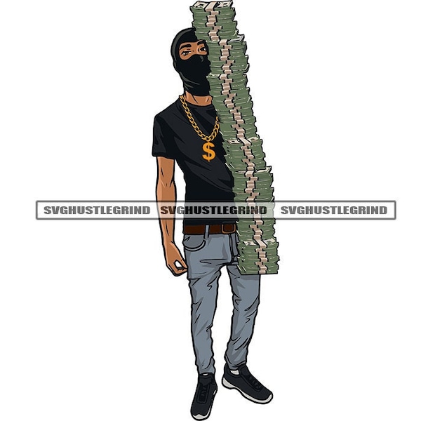 Young Black Thug Ski Mask Balaclava Tall Stack Cash Benjamins Dollar Sign Necklace Grind Graphic SVG Vector Cutting Files PNG JPG Silhouette