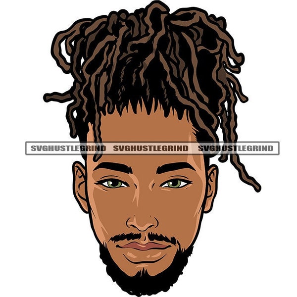 Handsome Black Man Beard Dreads Dread Locs Green Eyes Head Only Portrait Mustache Grind Graphic SVG Vector Cutting Files PNG JPG Silhouette