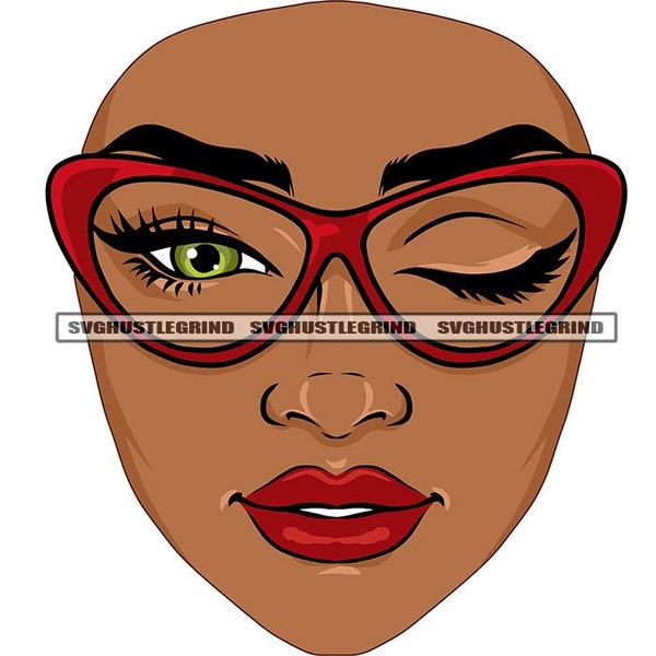 Black Woman Face Green Eye Wink Red Eyeglasses Red Lipstick Long Eyelashes One Eye Close Graphic SVG Vector Cutting Files PNG JPG Silhouette