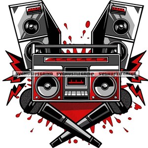 Boom Box Radio Musik Zwei Mikrofon Retro Lautsprecher Sounds Red Splash Tape Recorder Ghetto SVG Vektor Cutting Dateien PNG JPG Cricut Silhouette