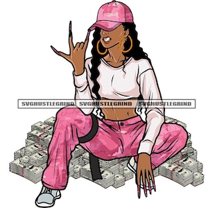 Gangster Black Woman Pink Baseball Cap Pink Sweats White Halter Sitting Cash Money Benjamins SVG Vector Cutting Files PNG JPG Silhouette
